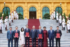 Le secrétaire général du Parti et président To Lam et les nouveaux ambassadeurs prennent la photo. Photo : VNA