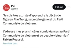 Les condoléances du chef du Parti communiste français, Fabien Roussel, à la page X du Parti communiste français. Photo : VNA