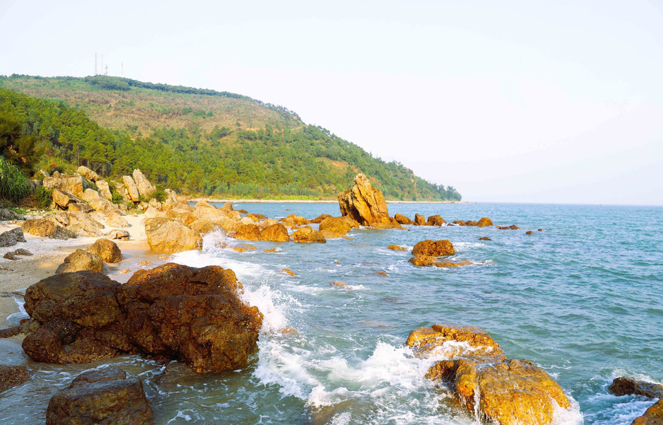 Une étendue de sable fin, baignée par une mer turquoise et adossée à des montagnes rocheuses verdoyantes : c'est la plage de Quynh, dans la province de Nghe An. Photo: VNA