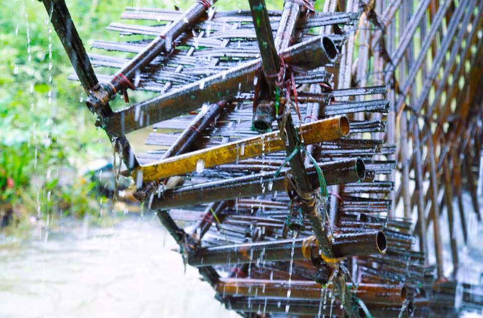 Sur la jante de la roue de la noria, des centaines de tubes de bambou sont fixés avec une orientation légèrement inclinée pour recueillir l’eau à la surface du ruisseau, puis l’élever au rythme de la rotation de la roue. Photo : VNA