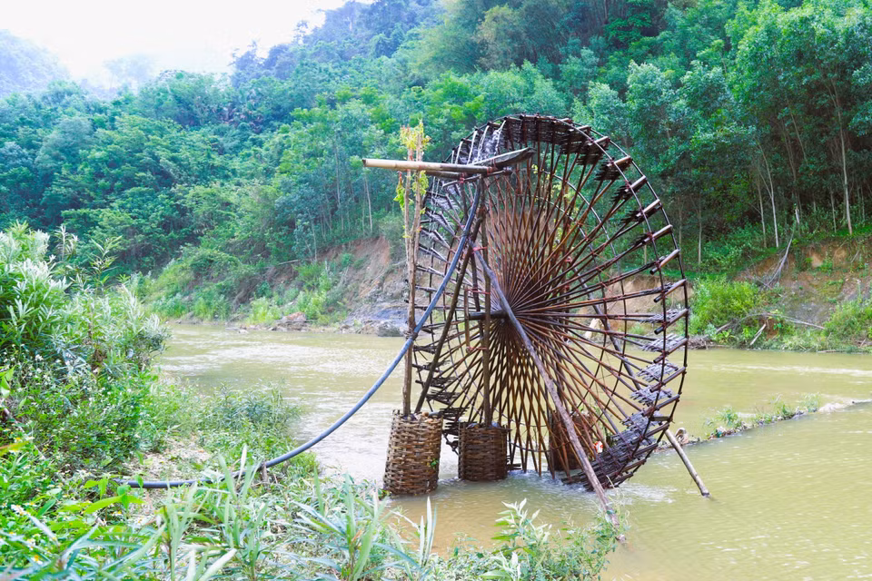 L’emplacement d’une noria est toujours soigneusement choisi sur la rive du ruisseau, à l’écart du courant principal. Cette implantation fait l’objet d’une étude minutieuse afin de limiter les coûts et les efforts de construction, tout en garantissant un fonctionnement stable, durable et continu. La solidité de l’ouvrage repose sur une structure ingénieuse composée de centaines de pieux en bambou mûr entrecroisés, solidement assemblés à l’aide de liens en lanières de bambou ou de rotin fixés aux points de jonction. Photo : VNA