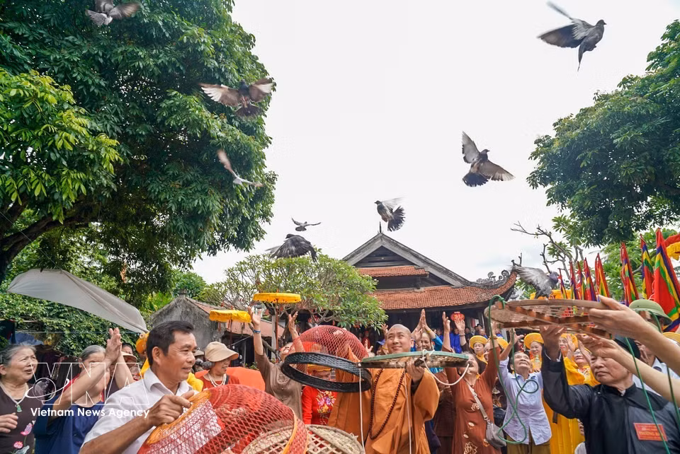 Lors de la fête, les habitants perpétuent le rituel traditionnel du lâcher d’oiseaux, symbole de paix et de spiritualité. Photo: VNA