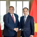 Lê Hoài Trung (à droite), secrétaire du Comité central (CC) du Parti et ministre par intérim des Affaires étrangères et Bendito dos Santos Freitas, ministre des Affaires étrangères et de la Coopération du Timor-Leste. Photo : VNA