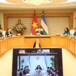 La réunion en ligne entre le vice-Premier ministre Tran Hong Ha et son homologue ouzbek, Jamshid Khodjaev, le 9 février. Photo: baochinhphu.vn