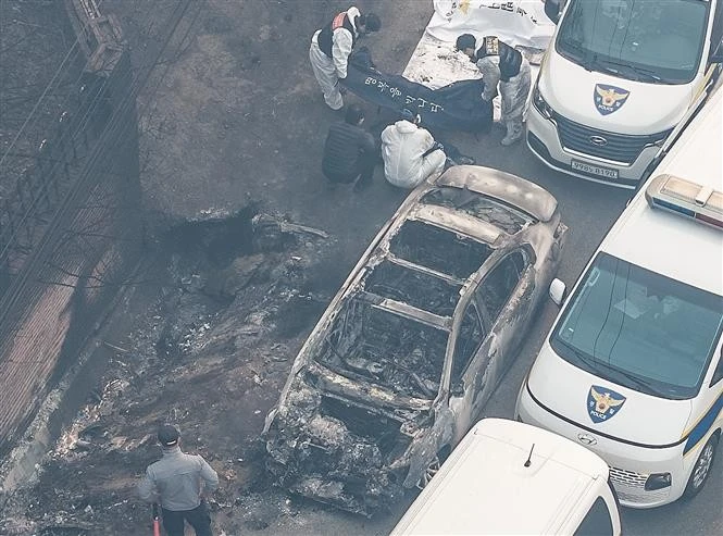 Une voiture calcinée dans un incendie de forêt à Yeongdeok, province du Gyeongsang du Nord, en République de Corée. Photo : Yonhap/VNA