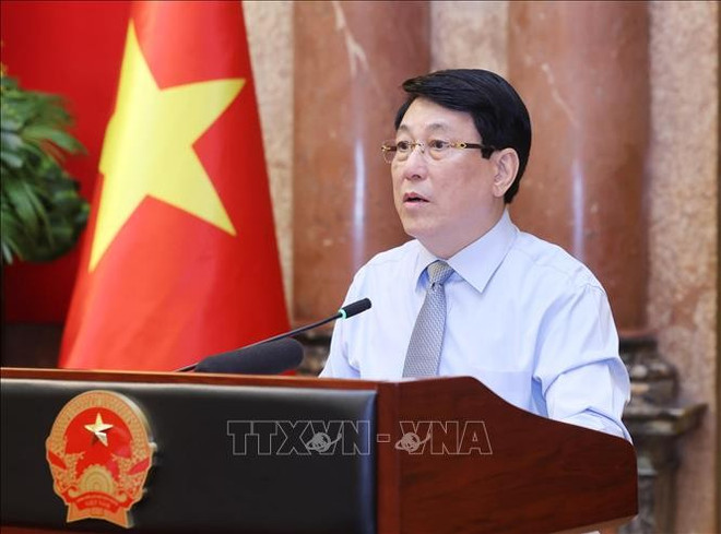 Le président de la République, Luong Cuong, s'exprime lors de l'événement. Photo: VNA cuong-10625a.jpg