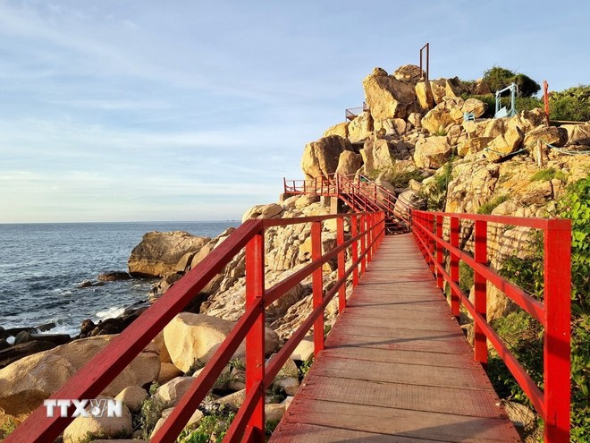 Une promenade sur la passerelle en bois rouge longeant le flanc du mont Nui Chua ouvre aux visiteurs un espace naturel totalement différent. Photo: VNA 209-hang-rai-5.jpg