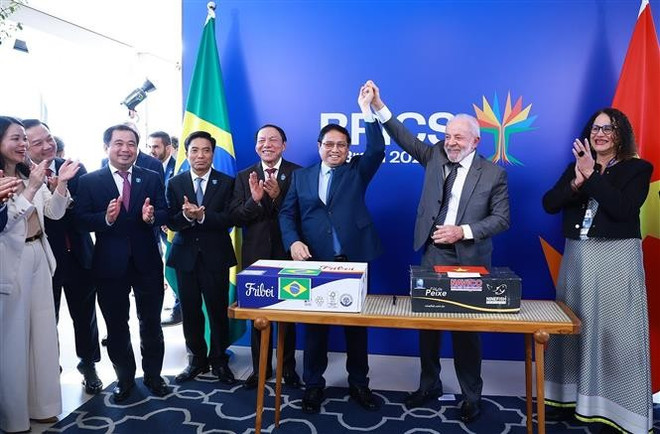 Le Premier ministre Pham Minh Chinh et le président brésilien, Luiz Inacio Lula da Silva, lors de la cérémonie concernant les exportations commerciales bilatérales entre les deux pays. Photo : VNA vna-potal-thu-tuong-pham-minh-chinh-hoi-kien-tong-thong-brazil-lula-da-silva-8133187.jpg