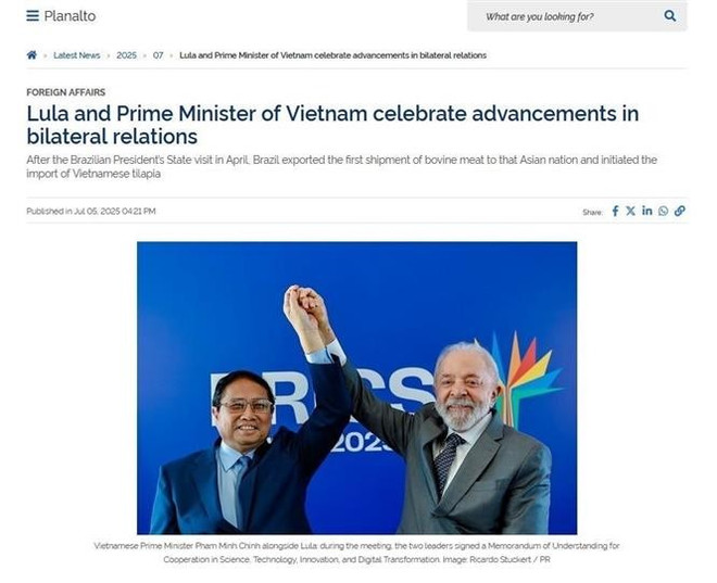 Le journal Planalto du gouvernement brésilien a publié un article sur l’entretien entre le Premier ministre Pham Minh Chinh et le président Lula da Silva. Capture d’écran de l’article. vna-potal-truyen-thong-brazil-dua-tin-dam-net-hoat-dong-cua-thu-tuong-pham-minh-chinh-tai-rio-de-janeiro-8133396.jpg