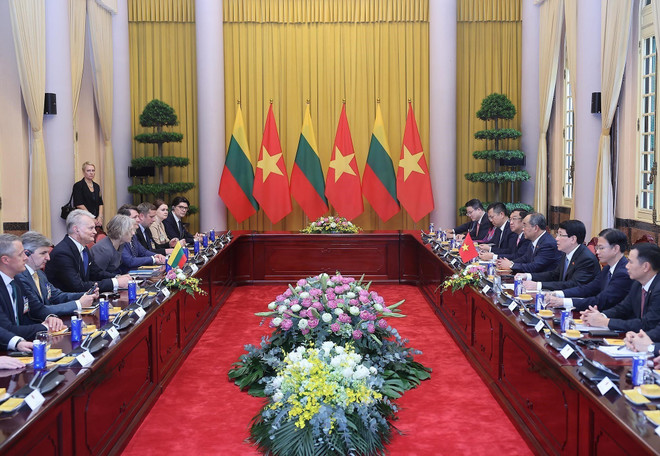 Panorama de l'entretien. Photo: VNA vna-potal-chu-tich-nuoc-luong-cuong-hoi-dam-voi-tong-thong-litva-gitanas-nauseda-8087126.jpg