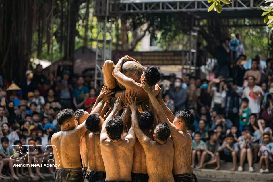 Avant la joute, les lutteurs accomplissent un rite consistant à soulever la balle et l’un des participants vers le ciel, portés par les cris enthousiastes des villageois. Photo : VNA ​