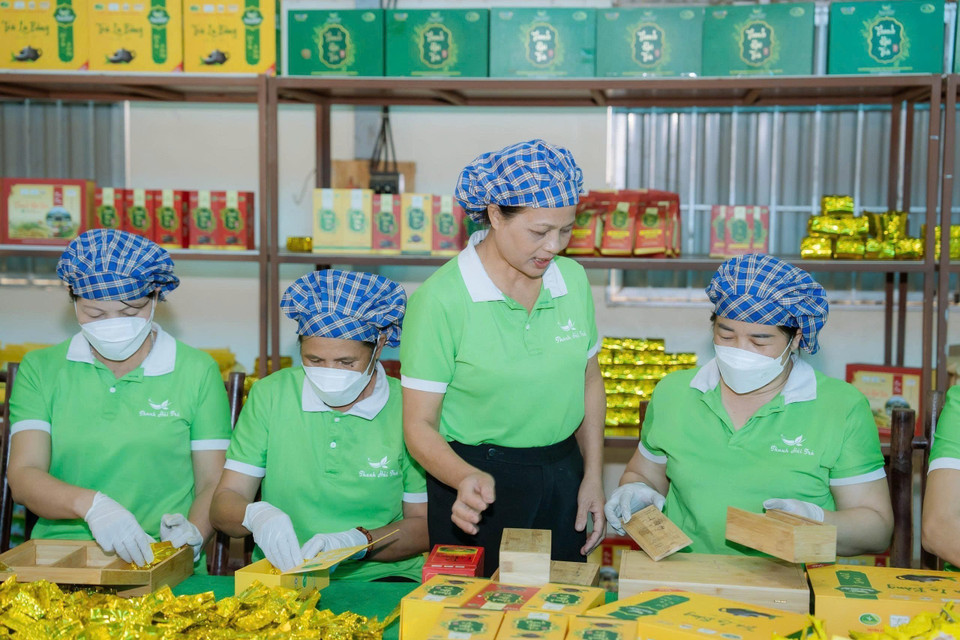 L'artisane Nguyen Thi Hai et des membres de la coopérative dans l'atelier de production de la coopérative de thé La Bang. Photo : VNA