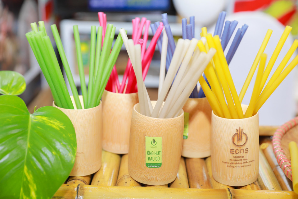 Les pailles végétales Ecos de la Coopérative agricole Song Hong comptent parmi les produits écologiques présentés à la Foire d'Automne 2025. Photo : VNA