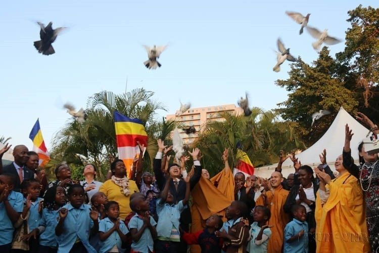 Lâcher de colombes pour prier pour la paix lors de la cérémonie de l’anniversaire de Bouddha en 2019 au Mozambique, organisée par la Sangha bouddhiste du Vietnam et l’ambassade du Vietnam au Mozambique, le 29 mai 2019 à Maputo. Photo : VNA