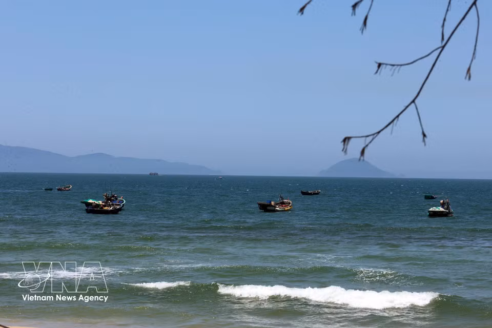 De frêles embarcations dédiées à la pêche côtière amarrées le long du littoral de Duy Nghia. Photo : VNA