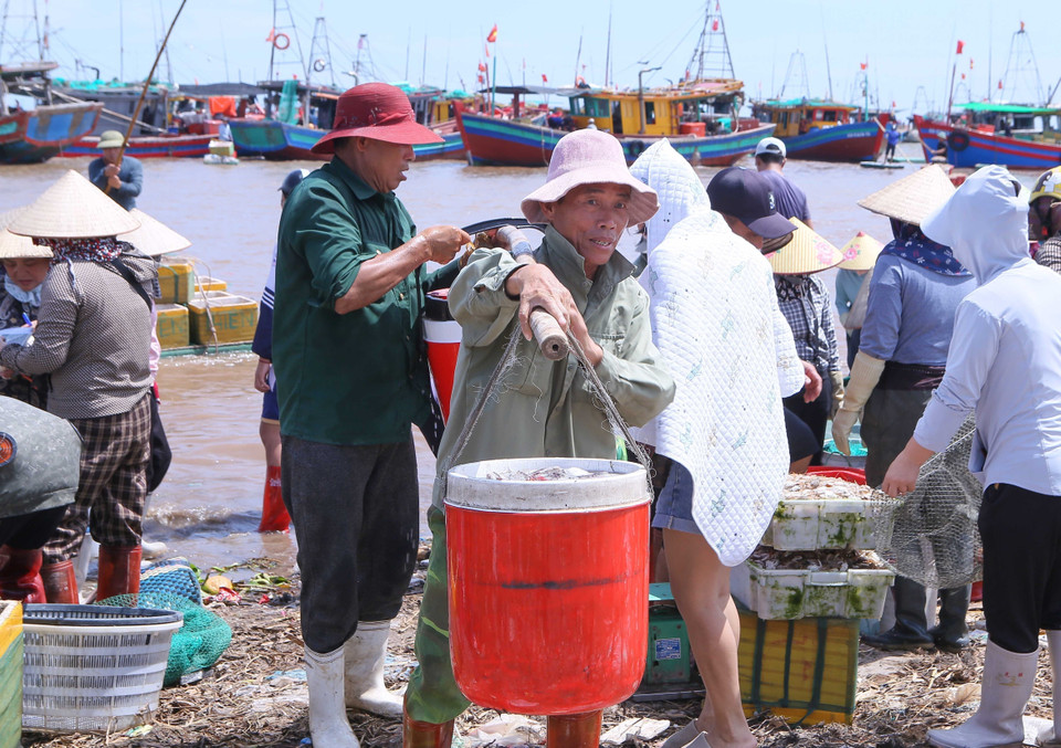 Les petits commerçants transportent les caisses de produits aquatiques achetés vers les points de vente. Photo : VNA