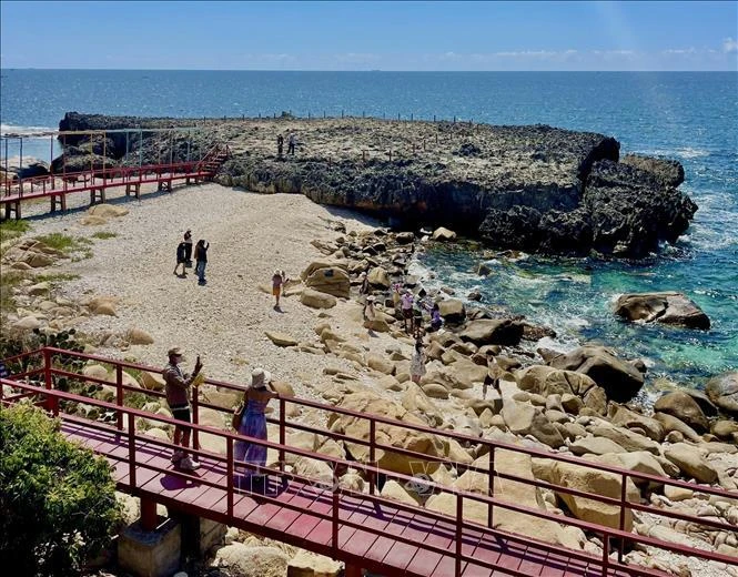 Des touristes explorent l'ancien récif corallien de Hang Rai situé dans la réserve mondiale de la biosphère de Nui Chua, district de Ninh Hai, province de Ninh Thuan. Photo: VNA