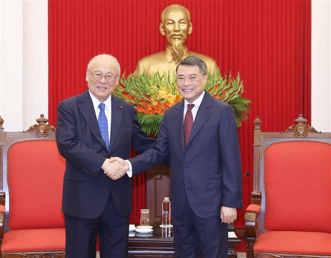 Le secrétaire du Comité central du Parti communiste du Vietnam, président de la Commission centrale d'organisation du Parti et président du Groupe d'amitié parlementaire Vietnam-Japon, Le Minh Hung (droite) et le conseiller spécial de l'Alliance d'amitié parlementaire Japon-Vietnam (JCPFA) Takebe Tsutomu. Photo : VNA