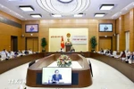 Les membres du Comité d’amendement de la Constitution lors d’un vote lors de la réunion, à Hanoi, le 5 mai. Photo : VNA