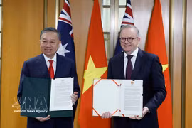 Les dirigeants To Lam et Anthony Albanese à la remise des documents de coopération entre les deux pays. Photo : VNA