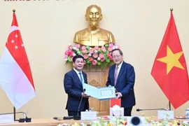 Le ministre de l’Industrie et du Commerce, Nguyên Hông Diên (gauche), et Tan See Leng, ministre chargé de l’Énergie ainsi que des Sciences et Technologies au sein du ministère du Commerce et de l’Industrie (MTI) de Singapour. Photo: nhandan.vn