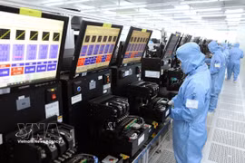 Chaîne de production de modules de caméras et de composants électroniques destinés à l’exportation à la Sarl MCNEX VINA (à capitaux 100 % sud-coréens), située dans le parc industriel de Phuc Son, province de Ninh Binh. Photo: VNA