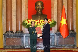 Le président de la République, Luong Cuong, et le général Trinh Van Quyêt, secrétaire du Comité central du Parti communiste du Vietnam (PCV) et président du Département général de la politique de l’Armée populaire du Vietnam. Photo: VNA