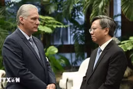 Le Premier secrétaire du Parti communiste de Cuba (PCC) et président de Cuba, Miguel Díaz-Canel Bermúdez, et l'ambassadeur du Vietnam à Cuba, Lê Quang Long (droite). Photo: VNA