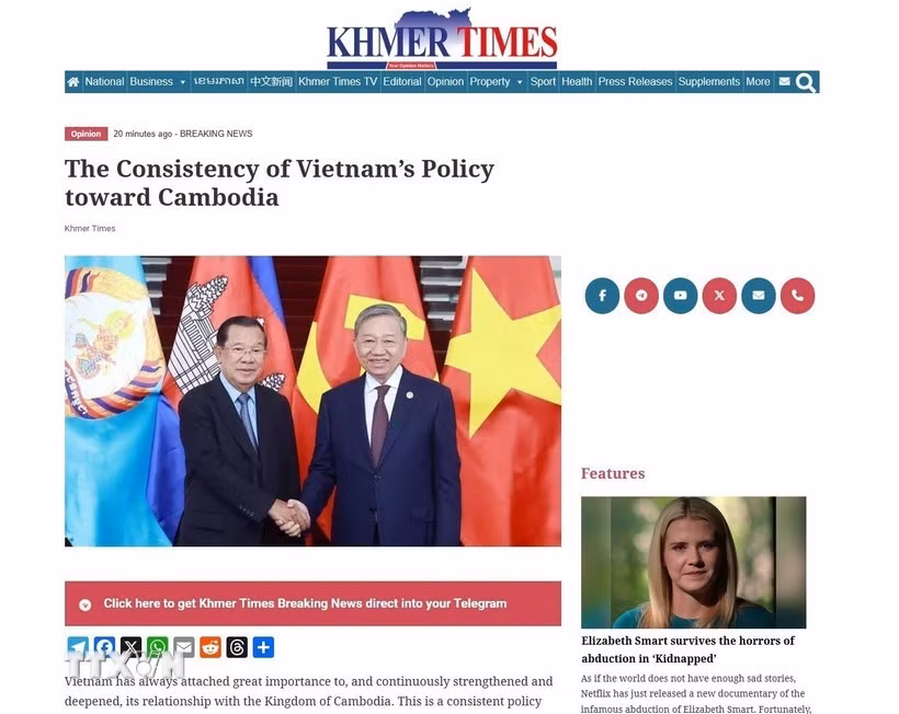 Dans un article publié le 4 février, le quotidien anglophone Khmer Times souligne que Hanoï attache une importance constante au renforcement et à l’approfondissement de ses relations avec le Cambodge, considérées comme une priorité stratégique de long terme. Photo: VNA