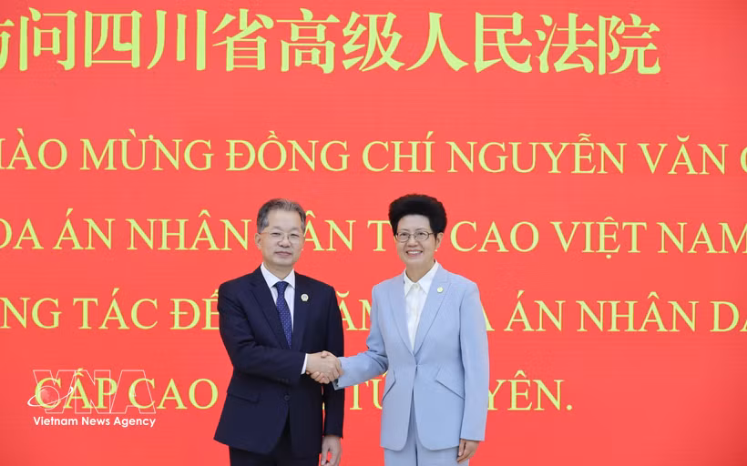 Le président de la Cour populaire suprême du Vietnam Nguyên Van Quang (gauche) et Chen Zhijun, président de la Cour populaire supérieure du Sichuan. Photo: VNA