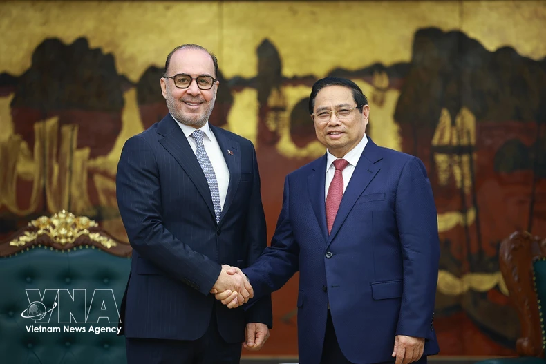 Le Premier ministre Pham Minh Chinh (à droite) et l’ambassadeur du Qatar au Vietnam, Khalid Ali Abdullah Abel. Photo : VNA