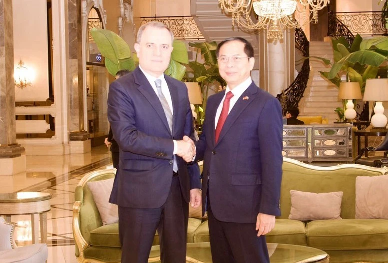 Le vice-Premier ministre et ministre des Affaires étrangères du Vietnam, Bui Thanh Son (à droite), et le chef de la diplomatie azerbaïdjanaise, Djeyhoun Baïramov. Photo : baochinhphu.vn