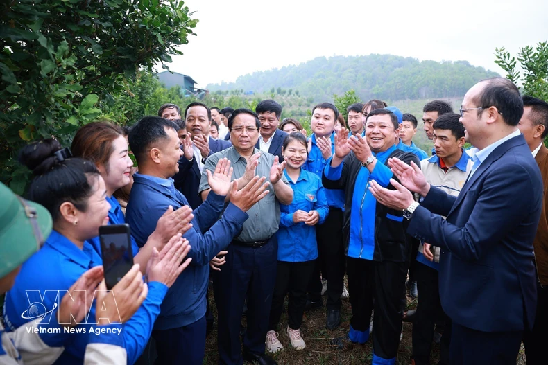 Le Premier ministre Pham Minh Chinh visite un modèle de culture de macadamia au village de Huoi Tao B, commune de Pu Nhi.Photo : VNA