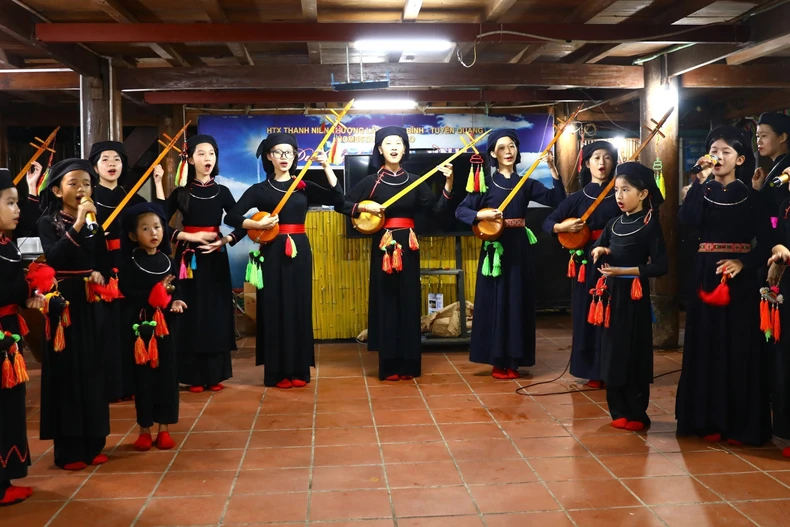 Interprétation du « dan tinh » et du chant « then » pour les touristes au homestay Tai Ngao, hameau Na Tong, commune de Thuong Lam, province de Tuyen Quang. Photo : VNA