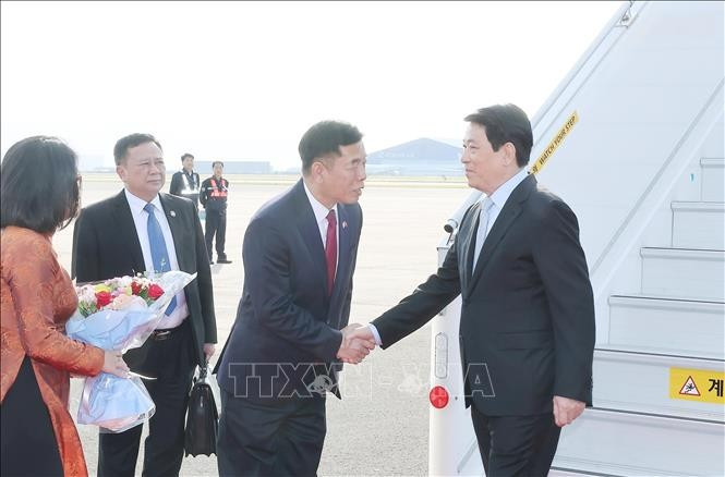 Le président vietnamien Luong Cuong est arrivé le 29 octobre à l'aéroport militaire de Gimhae à Busan, entamant sa participation à la 32ᵉ Semaine des dirigeants économiques de l'APEC et ses activités bilatérales en République de Corée. Photo: VNA