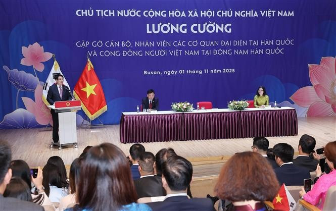 Le président Luong Cuong à la rencontre des Vietnamiens d’outre-mer en République de Corée. Photo: VNA