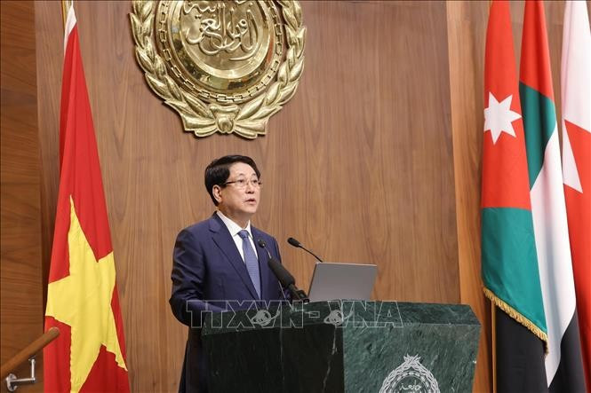 Le président Luong Cuong prononce un discours politique à la Ligue des États arabes. Photo: VNA