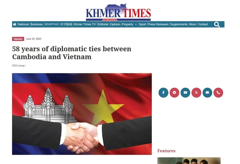 Article publié par le Khmer Times à l'occasion du 58e anniversaire de l'établissement des relations diplomatiques entre le Vietnam et le Cambodge (24 juin 1967-2025). Photo: VNA