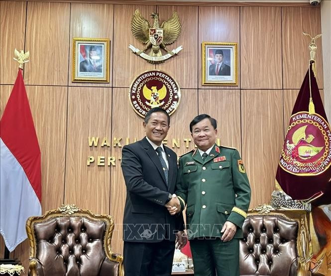 Le général de corps d'armée Hoang Xuan Chien, vice-ministre vietnamien de la Défense (droite) et le ministre indonésien de la Défense, Sjafrie Sjamsoeddin. Photo: VNA 