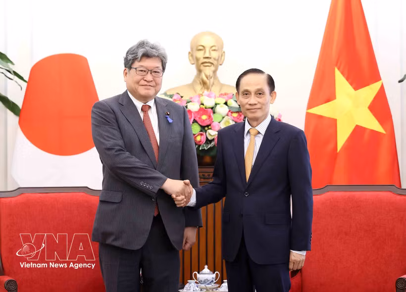 Le ministre des Affaires étrangères Le Hoai Trung (droite) et Hagiuda Koichi, secrétaire général par intérim du Parti libéral-démocrate (PLD) du Japon. Photo: VNA
