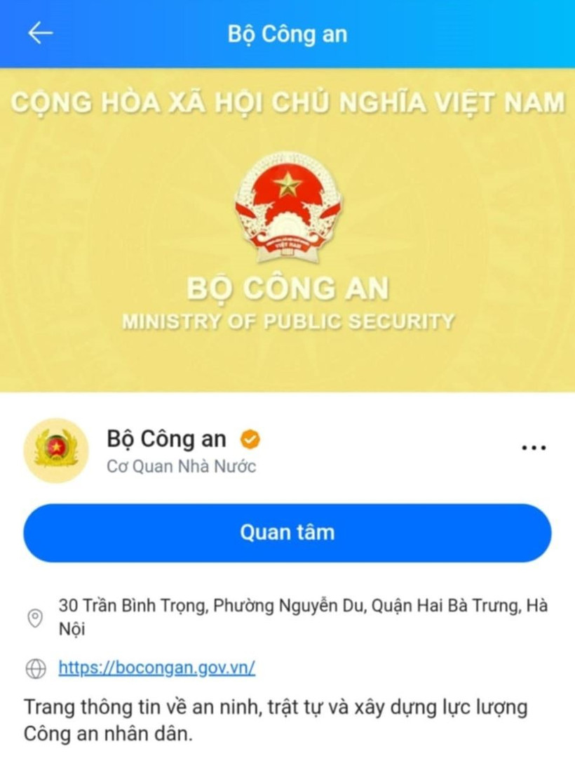Page d'information du ministère de la Sécurité publique sur la plateforme Zalo (capture d'écran).