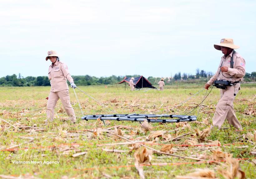 Des membres du groupe MAG effectuent un déminage dans la commune de Dai Trach, province de Quang Tri. Photo : VNA