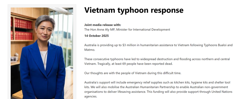Dans un communiqué publié le 14 octobre, le ministère australien des Affaires étrangères a exprimé ses condoléances aux victimes des tempêtes Bualoi (n°10) et Matmo (n°11) au Vietnam. Photo: VNA