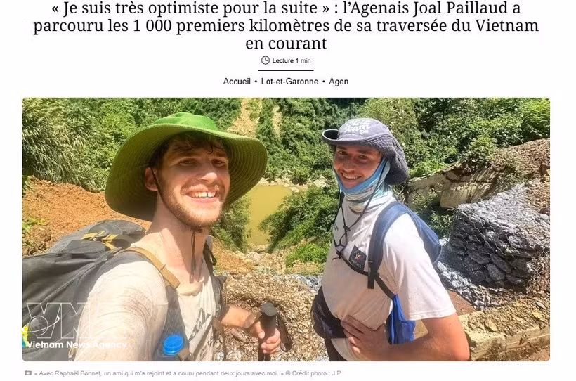 Le Français Joal Paillaud, 20 ans, a franchi les 1.000 premiers kilomètres de son défi : parcourir plus de 4.200 km entre l’extrême nord et l’extrême sud du Vietnam. Photo: VNA