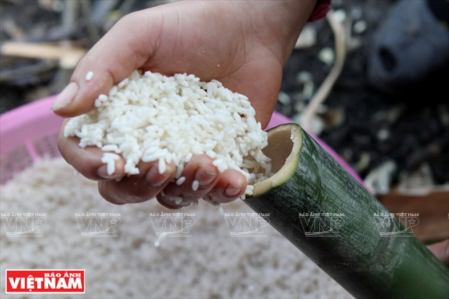 Chez les Thaï, pour préparer le com lam, premièrement, on doit choisir des tronçons de jeune bambou, vert foncé à l’extérieur, de 30 cm de long, que l’on ​remplit de riz gluant. Le riz du com lam est du «nêp caï hoa vàng », une bonne variété à grosses graines, bien rondes et fortement parfumées.Le riz gluant est lavé puis trempé de 6 à 8 heures dans l’eau avant d’être mis dans un tronçon de bambou.