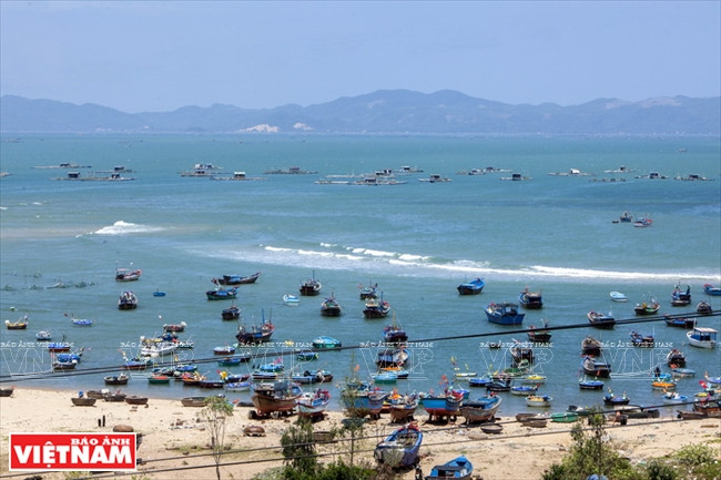 La baie de Xuân Daï, vue du Sud du chef-lieu de Sông Câu, province de Phu Yên, est abritée du vent et donc très favorable à l’aquaculture 