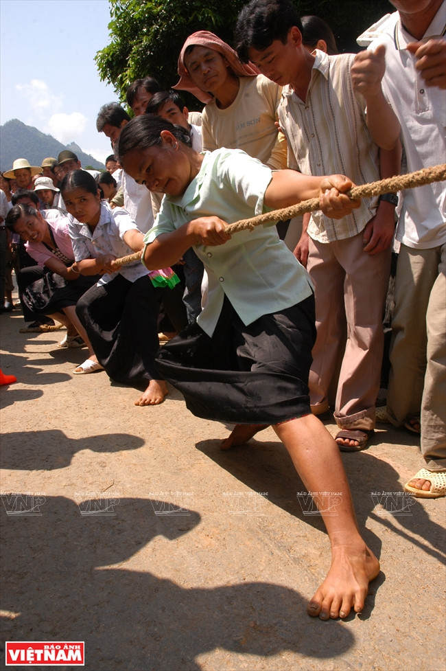  Les femmes de l’ethnie Thai de la commune de Không Lao, district de Phong Thô, province de Lai Châu, participent à un tir à la corde dans le cadre de la fête de Then Kin Pang qui se tient annuellement au 3e mois du calendrier lunaire.