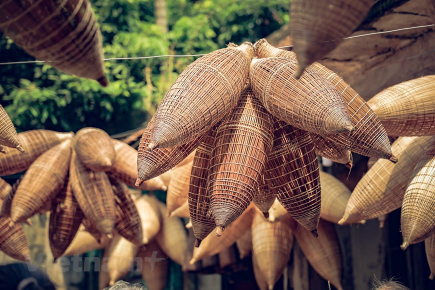 Les nasses en bambou sont utilisés pour attraper des poissons et des crevettes dans les eaux peu profondes des ruisseaux et rivières.