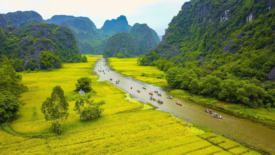 Les touristes prennent le bateau sur la rivière Ngo Dong pour visiter Tam Coc-Bich Dong.