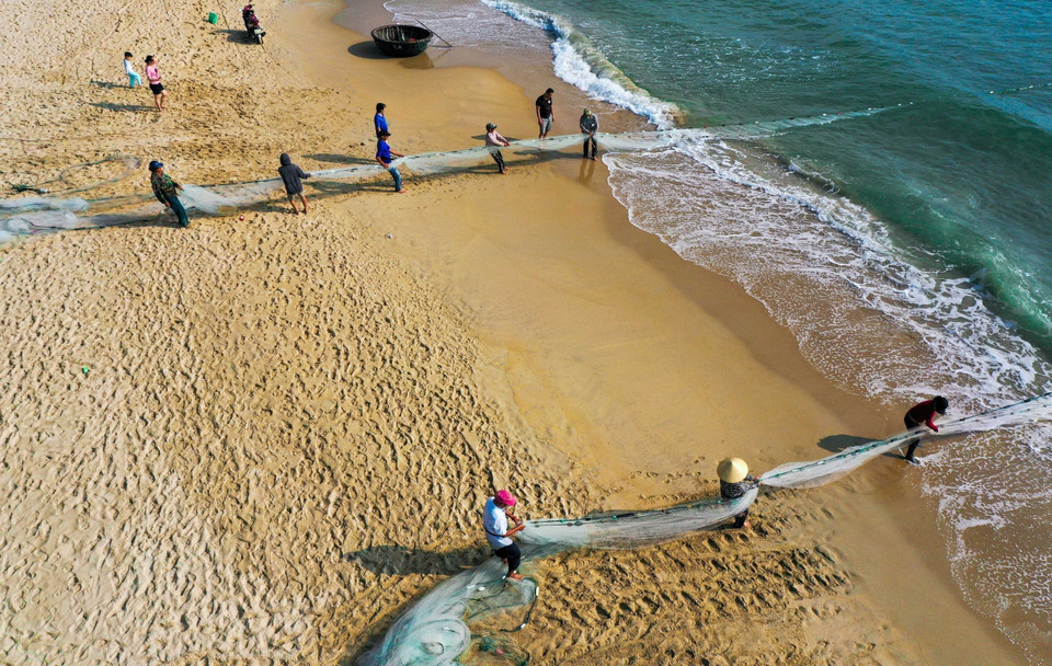  Des pêcheurs pratiquent la pêche au filet tout près de la plage. Ils sont divisés en groupe. Chaque groupe compte de 10 à 16 personnes, selon la longueur du filet allant de 600 à 800m. Photo : VNA